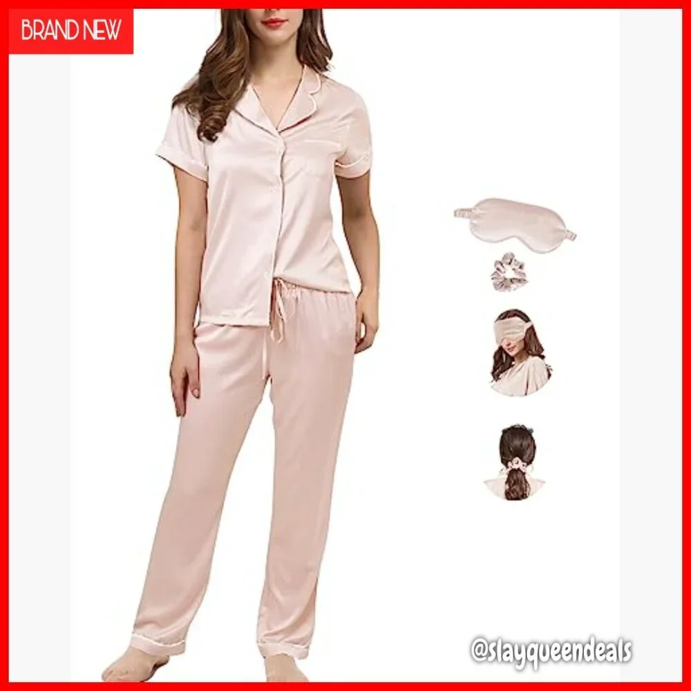 Silk Satin Pajama Set Short Sleeve Button Down Loungewear Sleepwear